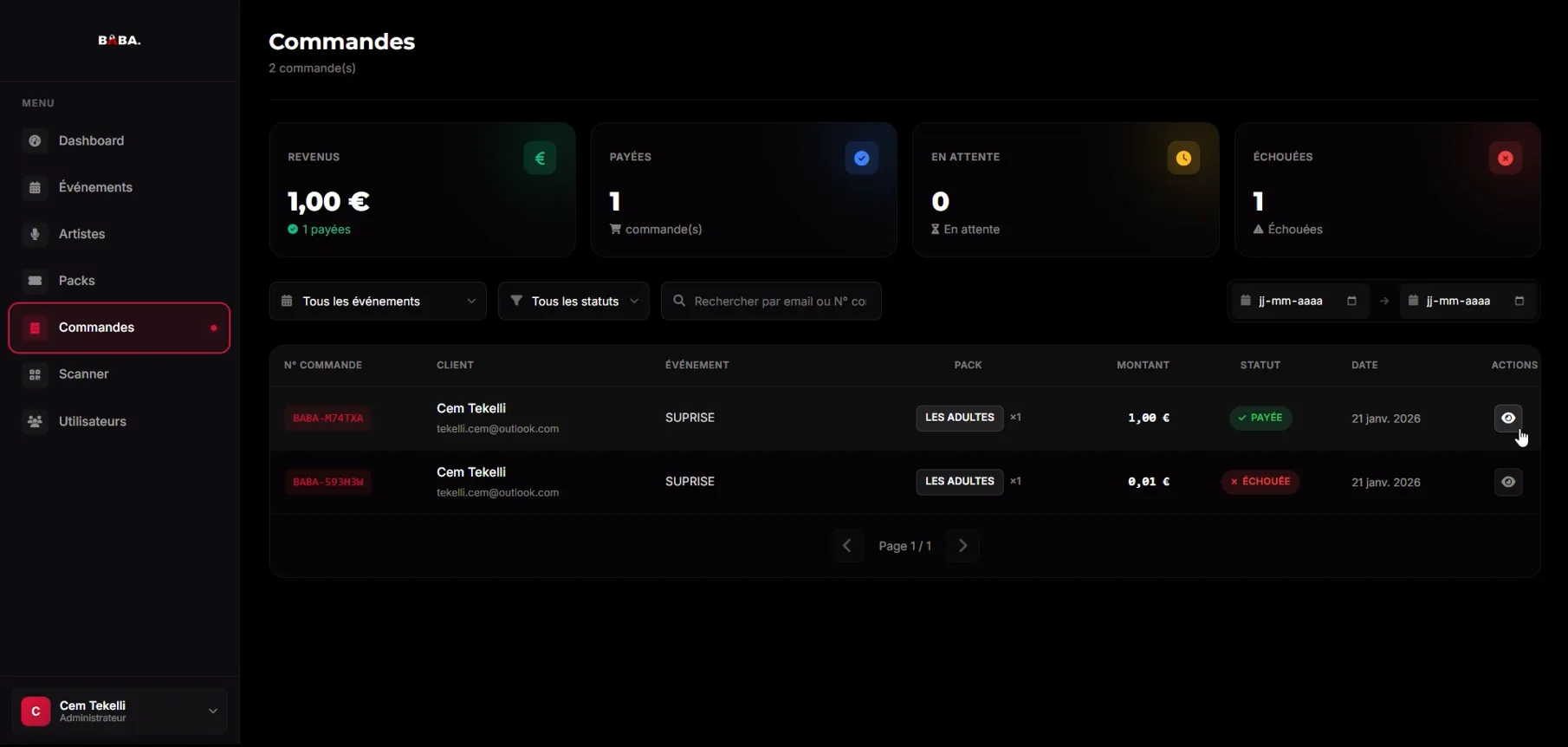 Baba Events — backoffice commandes