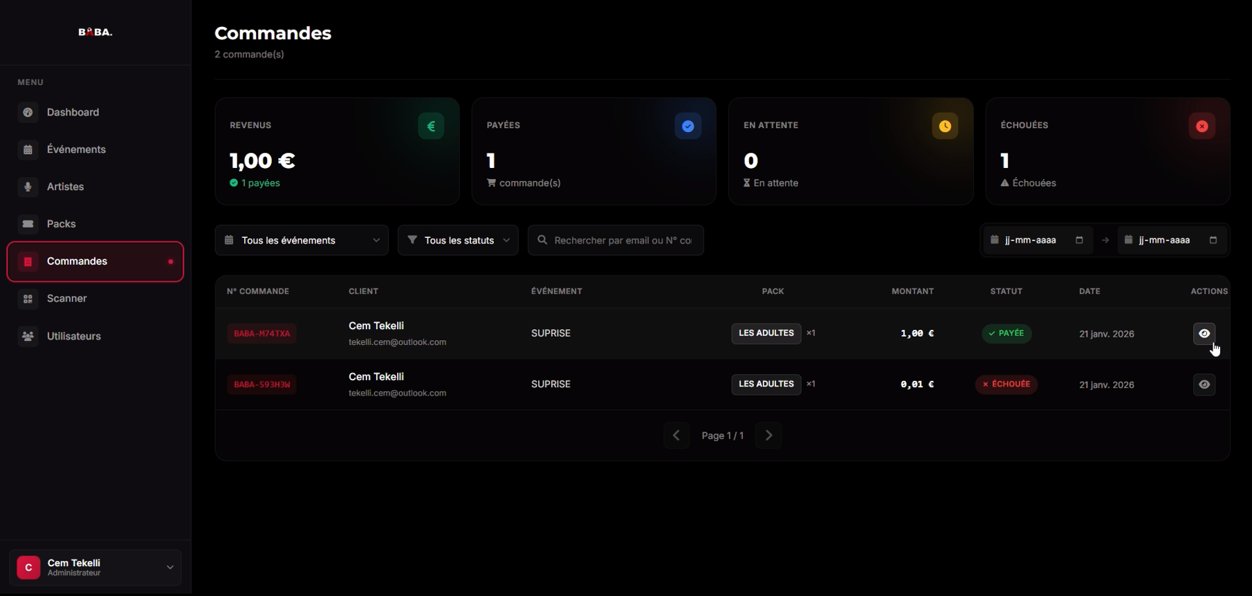 Baba Events — backoffice commandes